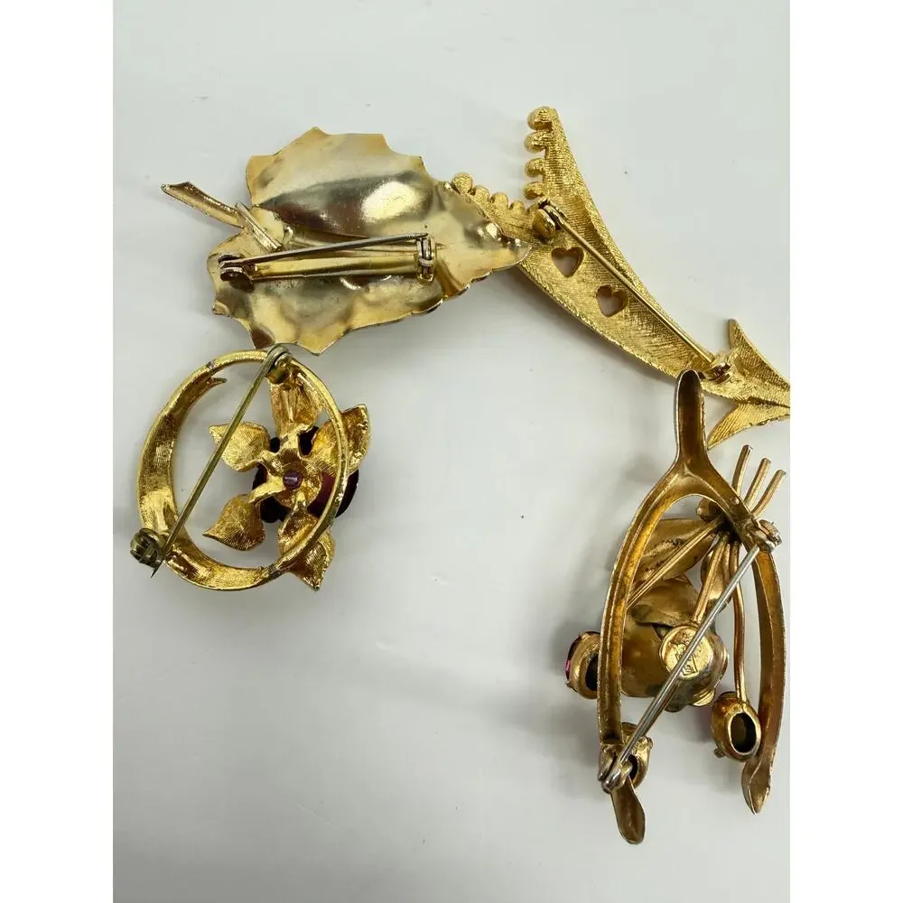 Vintage Brooch Lot 10 Rhinestone Floral Cameo Butterfly Gold Costume Jewelry